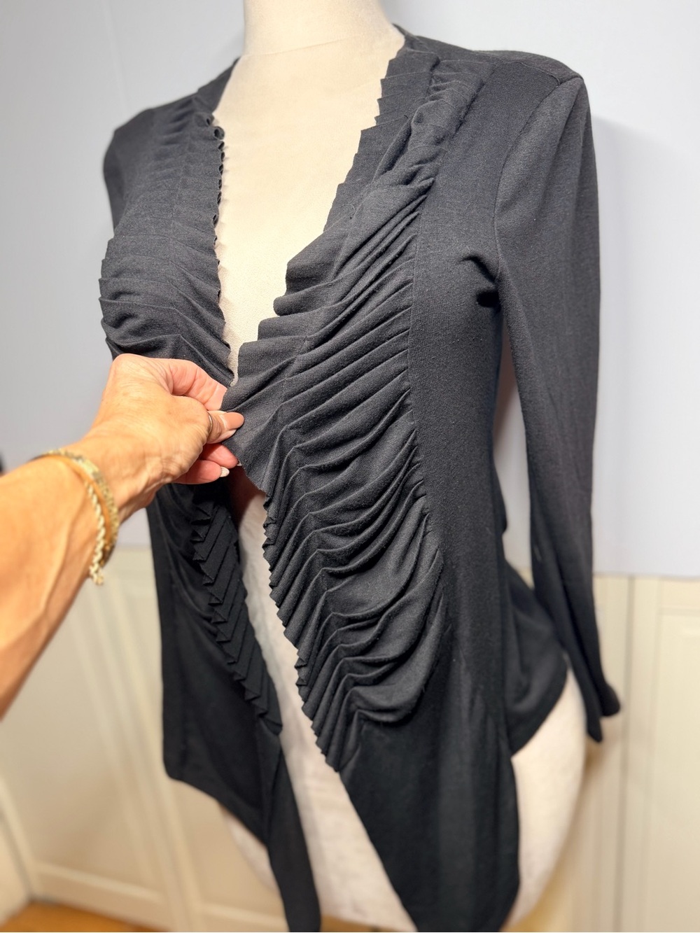 Grass Collection Black Ruched Cascading Ruffle Open Front Cardigan L Made USA